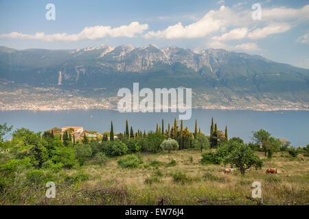 View from Pieve di Tremosine to Lake Garda and Mount Baldo, Brescia, Italy Stock Photo