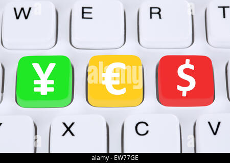 Yes with money currency exchange Yen Dollar Euro symbol on computer keyboard Stock Photo