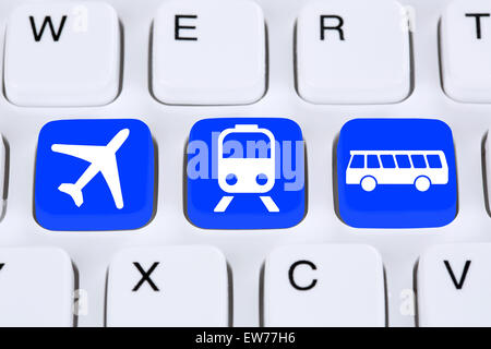 Book a trip travel online on internet computer with bus, airplane or train Stock Photo