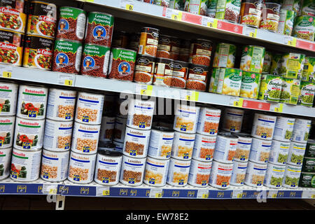 Private label brand Tinned vegetables of a Leclerc Hypermarket Stock Photo