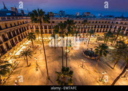 Night top view over Placa Reial or Plaza Real, Barcelona, Catalonia, Spain Stock Photo