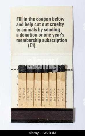 Old vintage matchbook advertising RSPCA charity (inner view) Stock Photo