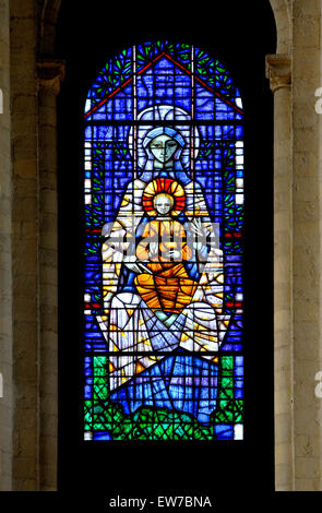 Norwich, Norfolk, England. Norwich Cathedral (1096-1145) Millennium north Transept stained glass windows (by John Hayward). Stock Photo