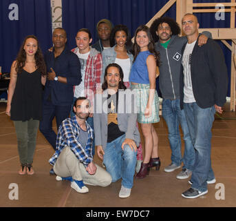 Manhattan, NY, USA. 18th June, 2015. Lead actor LIN-MANUEL MIRANDA (kneeling right) is joined by cast from left: JASMINE CEPHAS JONES, LESLIE ODOM, JR., ANTHONY RAMOS, OKIERIETE ONAODOWAN, RENEE ELISE GOLDSBERRY, PHILLIPA SOO, DAVEED DIGGS, CHRISTOPHER JACKSON and JAVIER MUNOZ (kneeling left) as the cast, crew and producers of Broadway's ''Hamilton'' meet and pose for photographs prior to beginning rehearsals at New 42nd Street Studios, Thursday June 18, 2015. ''Hamilton'' begins previews at the Richard Rodgers Theatre on July 13 prior to an official opening night August 6. The musical conclu Stock Photo