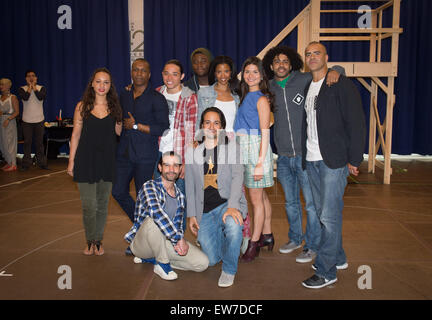 Manhattan, NY, USA. 18th June, 2015. Lead actor LIN-MANUEL MIRANDA (kneeling right) is joined by cast from left: JASMINE CEPHAS JONES, LESLIE ODOM, JR., ANTHONY RAMOS, OKIERIETE ONAODOWAN, RENEE ELISE GOLDSBERRY, PHILLIPA SOO, DAVEED DIGGS, CHRISTOPHER JACKSON and JAVIER MUNOZ (kneeling left) as the cast, crew and producers of Broadway's ''Hamilton'' meet and pose for photographs prior to beginning rehearsals at New 42nd Street Studios, Thursday June 18, 2015. ''Hamilton'' begins previews at the Richard Rodgers Theatre on July 13 prior to an official opening night August 6. The musical conclu Stock Photo