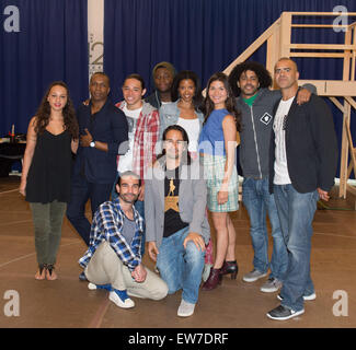 Manhattan, NY, USA. 18th June, 2015. Lead actor LIN-MANUEL MIRANDA (kneeling right) is joined by cast from left: JASMINE CEPHAS JONES, LESLIE ODOM, JR., ANTHONY RAMOS, OKIERIETE ONAODOWAN, RENEE ELISE GOLDSBERRY, PHILLIPA SOO, DAVEED DIGGS, CHRISTOPHER JACKSON and JAVIER MUNOZ (kneeling left) as the cast, crew and producers of Broadway's ''Hamilton'' meet and pose for photographs prior to beginning rehearsals at New 42nd Street Studios, Thursday June 18, 2015. ''Hamilton'' begins previews at the Richard Rodgers Theatre on July 13 prior to an official opening night August 6. The musical conclu Stock Photo