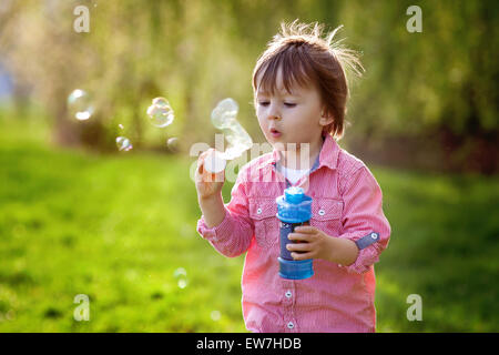 Portrait of a lovely boy, making soap bubbles in the park Stock Photo
