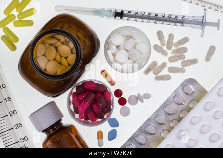 Selection of prescription drugs used by doctors in the treatment of illness and disease. Stock Photo