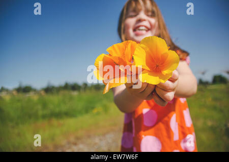 Girl holding a handful of orange poppies, USA Stock Photo