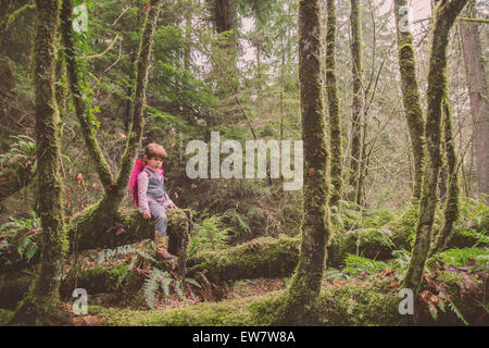 Young boy with pink fairy wings sitting on log in a forest, USA Stock Photo