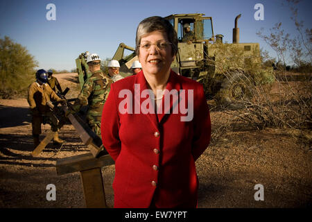 Arizona Governor Janet Napolitano, photographed at Papago Park Military Base in Phoenix. In background are National Guard Army C Stock Photo