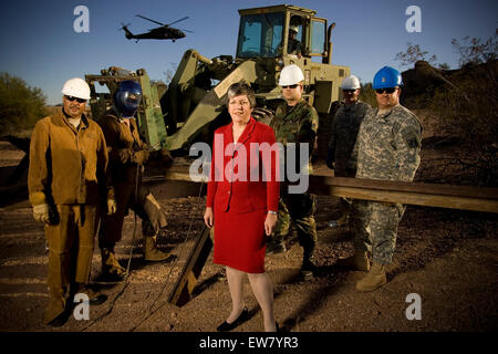 Arizona Governor Janet Napolitano, photographed at Papago Park Military Base in Phoenix. In background are National Guard Army C Stock Photo