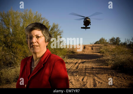 Arizona Gov. Janet Napolitano, photographed at Papago Park Military Base in Phoenix. In background is a  National Guard Black Ha Stock Photo