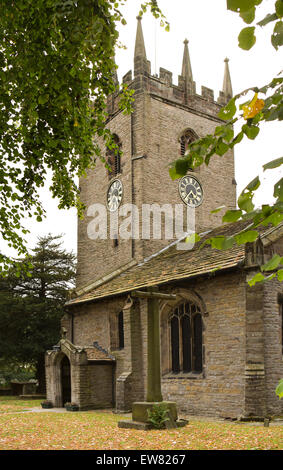 UK, England, Cheshire, Pott Shrigley, St Christopher’s parish church and historic preaching cross Stock Photo