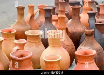 Clay jugs on bargain sale. Stock Photo