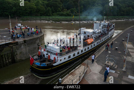 Cumberland Basin, Bristol, UK. 19th June 2015. The MV Balmoral has been out of action for 3 years, undergoing restoration works in Bristol's Floating Harbour. This evening she makes her first journey with passengers, leaving Bristol's Docks and journeying up the River Avon. Carolyn Eaton/Alamy News Live Credit:  Carolyn Eaton/Alamy Live News Stock Photo