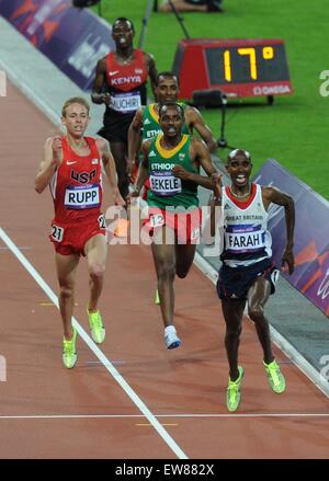 Mo Farah wins the 10000m from Galen Rupp and Kenenissa Bekele on Super Saturday at the Olympics games in London 2012 Credit:  Martin Bateman/Alamy Live News Stock Photo