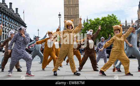 Climate Change activists in animal costumes danced in Parliament Square before a large lobbying event with MPs on climate change at the Houses of Parliament. Stock Photo