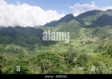 moving cloud shadows stretch across verdant mountainous landscape with cultivated patches in cleared areas near Ocosingo Chiapas Stock Photo