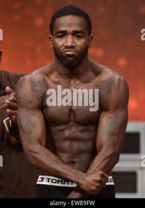 Adrien Broner weighs in at 144 pounds Friday at the MGM grand hotel