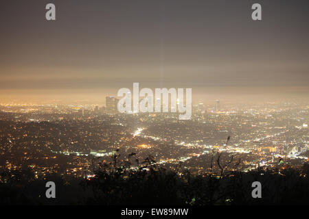 Foggy smoggy night in downtown Los Angeles. Stock Photo