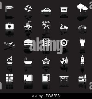 Map place icons with reflect on black background, stock vector Stock Vector