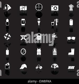 Camping necessary icons with reflect on black background, stock vector Stock Vector