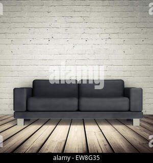 Abstract white interior with wooden floor, brick wall and black leather sofa, 3d illustration Stock Photo