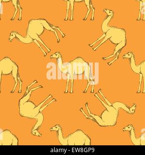 Sketch cute camel in vintage style, vector seamless pattern Stock Vector