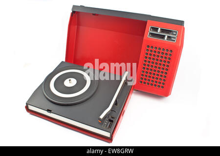 Vintage record player - portable turntable isolated on white Stock Photo