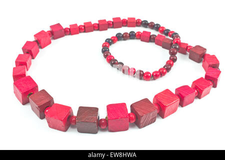 Red wooden  necklace isolated on white Stock Photo