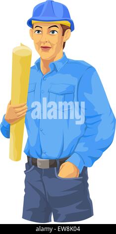 Construction Worker, in Blue Shirt, Trousers, Hard Hat, Holding a Plan, vector illustration Stock Vector
