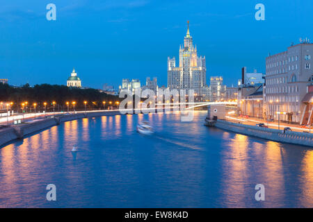 Dusk view of the Kotelnicheskaya Embankment Building, one of the Seven Sisters buildings in Moscow, Russia. Stock Photo