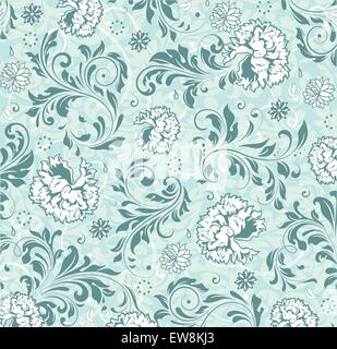 Vintage background with ornate elegant abstract floral design, white and teal flowers on light green. Vector illustration. Stock Vector