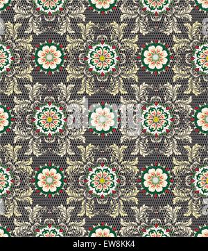 Vintage background with ornate elegant abstract floral design, multi-colored flowers on black background with honeycomb mesh. Vector illustration. Stock Vector