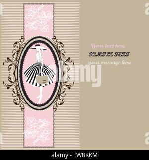 Vintage invitation card with ornate elegant retro abstract floral design, lady in striped skirt with hat and bag on ellipse frame with grapes and brown flowers and leaves on pink ribbon on brownish gray background with text label. Vector illustration. Stock Vector