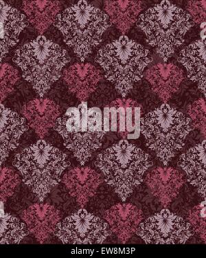 Vintage background with ornate elegant abstract floral design, rose quartz and raspberry rose pink flowers on brownish red background. Vector illustration. Stock Vector