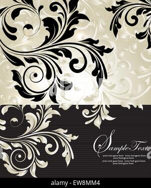 Vintage invitation card with ornate elegant abstract floral design, black flowers and pale olive green flowers with stripes. Vector illustration. Stock Vector
