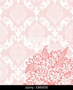 Vintage background with ornate elegant retro abstract floral design, coral pink flowers on pale orange background with stripes. Vector illustration. Stock Vector