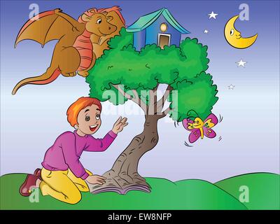Boy Imagining a Treehouse with Butterfy and Dragon from a Book, vector illustration Stock Vector