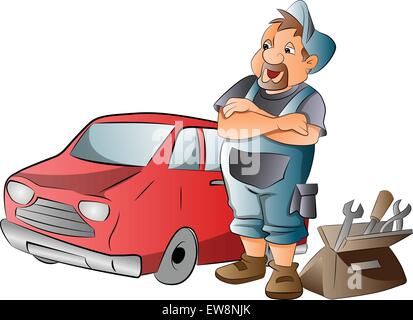 Car Mechanic Working on a Red Car, vector illustration Stock Vector