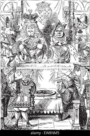 Alice in Wonderland. Frontispiece: The King and Queen inspecting the tarts. The plate of tarts is presented for the approval of the King and Queen of Hearts in their throne-room. Alice's Adventures in Wonderland. Illustration from John Tenniel, published in 1865. Stock Vector