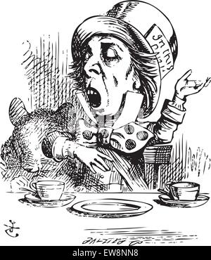 Hatter engaging in rhetoric. Mad Hatter is telling a story to Alice and his friends. Alice in Wonderland original vintage engraving. Alice's Adventures in Wonderland. Illustration from John Tenniel, published in 1865. Stock Vector