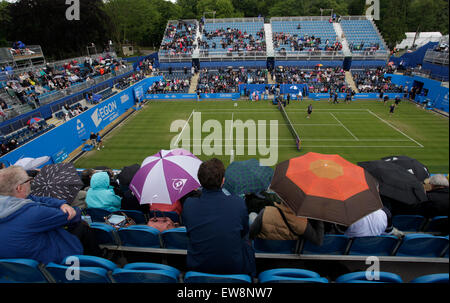 Birmingham, UK. 20th June, 2015. Aegon Classic Tennis Tournament. Umbrellas come out as rain forces the players off court after less than 15 minute's play in the first semi-final. The Centre Court at Edgbaston is damp and heavy rain is forecast later in the day, with the risk of hail and thunder. Credit:  Action Plus Sports/Alamy Live News Stock Photo