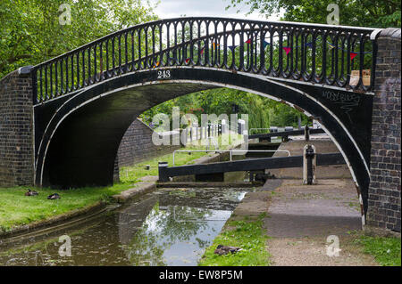 Oxford Terminus and bridge on the Oxford Canal, United Kingdom Oxford with bunting across it on a summers day Stock Photo