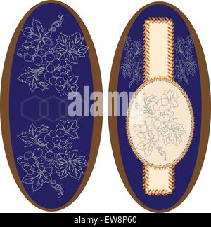 Set of two (2) vintage ellipse frames with ornate elegant retro abstract floral design, grape fruits and leaves on royal blue background with brown border. Vector illustration. Stock Vector