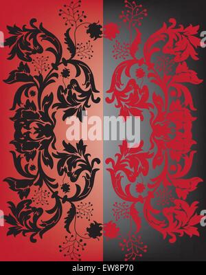 Vintage background with ornate elegant retro abstract floral design, black and red flowers and leaves on gradient red and black background with bi-section. Vector illustration. Stock Vector