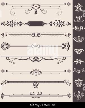 Vintage border elements with ornate elegant retro abstract floral design, various dark gray and light gray flowers and leaves on light gray and dark gray background. Vector illustration. Stock Vector
