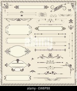 Various vintage label and border elements with ornate elegant retro abstract floral design, dark gray flowers and leaves on pale green background. Vector illustration. Stock Vector