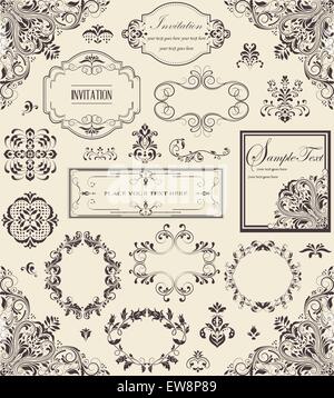 Various vintage label and border elements with ornate elegant retro abstract floral design, dark gray flowers and leaves on pale green background with text label. Vector illustration. Stock Vector